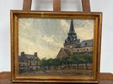 une peinture à l'huile représentant une église avec un clocher, posée sur un chevalet en bois