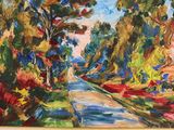 a painting of a road in the middle of a park