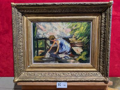 une photo d'un tableau représentant une femme assise sur un banc