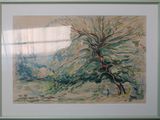 painting of a tree in a snowy landscape with a window in the background
