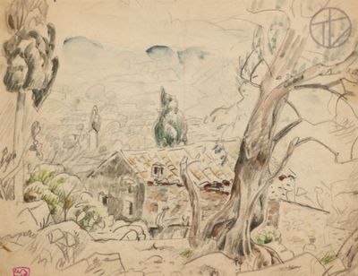 drawing of a house in a wooded area with trees and a mountain in the background