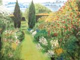 un tableau représentant un sentier traversant un jardin rempli de fleurs
