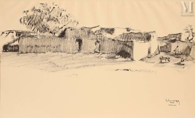 dessin représentant un village avec un arbre et une clôture au premier plan