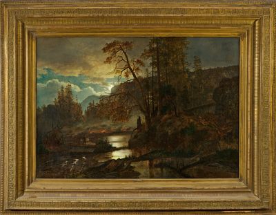 une image d'une peinture représentant une rivière dans une zone boisée