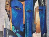 peinture représentant le visage d'une femme sur fond bleu