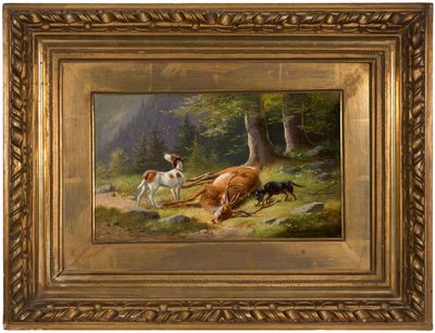 une peinture à l'huile représentant deux chiens poursuivant une vache dans une zone boisée