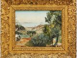 une image représentant un tableau représentant un paysage avec un homme et un chien