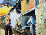 an oil painting of a couple of men standing in front of a building