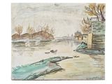 painting of a river scene with boats and buildings in the distance
