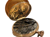 a gold pocket watch inside of it on a white background