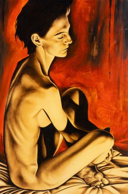 une peinture à l'huile représentant une femme assise sur un lit, une fleur à la main