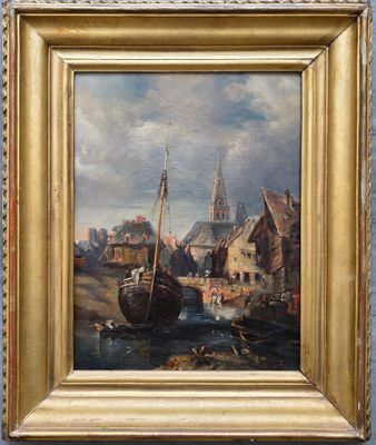 une peinture à l'huile représentant des bateaux dans un port, avec une église en arrière-plan