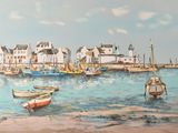 a painting of boats in the water at the beach