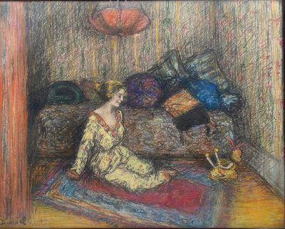 tableau représentant une femme assise sur un tapis dans un salon
