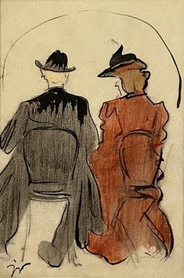 drawing of two women sitting on a bench, one in a hat and the other in a red coat