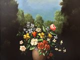 une peinture représentant un vase de fleurs sur une table
