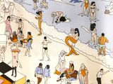 a drawing of a beach scene with people on the beach