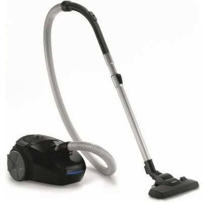 a black and silver vacuum cleaner with a hose on top of it