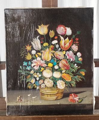 a painting of flowers in a vase on a easel