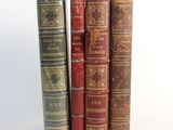 trois vieux livres sont empilés sur une surface blanche