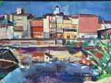 une peinture représentant une peinture d'une ville au bord de l'eau
