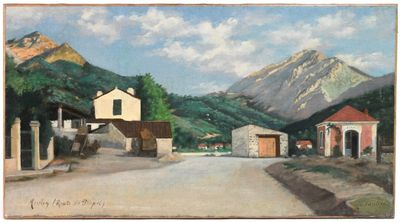 tableau représentant un cheval et une calèche sur une route de campagne