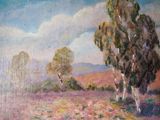 une peinture représentant deux arbres dans un champ, avec le ciel en arrière-plan