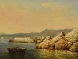 peinture représentant un bateau sur un plan d'eau près d'une côte rocheuse