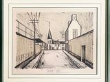 dessin représentant une rue de ville avec le clocher d'une église en arrière-plan