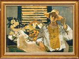 un tableau représentant une femme assise à une table avec un panier de fleurs