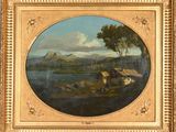 an image of a painting of a landscape with a river in the foreground and mountains in the background