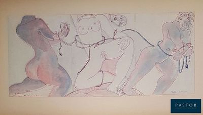 un dessin représentant une femme conduite par un homme