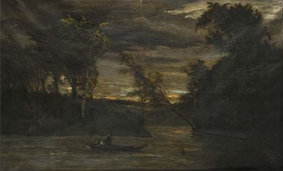 une image représentant un tableau où l'on voit un homme dans un bateau sur une rivière