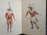 un livre ouvert sur lequel figurent deux dessins représentant un homme et une femme en costume