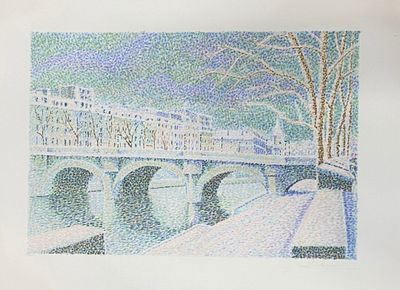 une image d'une peinture représentant un pont sur une rivière
