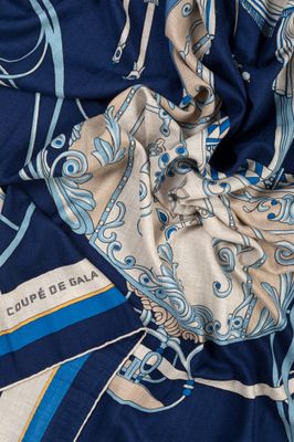 un gros plan sur une écharpe au motif bleu et blanc