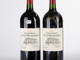 deux bouteilles de vin rouge posées l'une à côté de l'autre sur une surface blanche