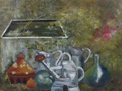 un tableau représentant un ensemble de vases posés sur une table