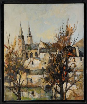 an image of a painting of a city with a church in the background