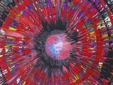 abstract painting of a red and black circular object with a red center