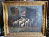 a picture of a painting of a man with a flock of sheep