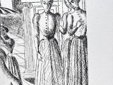 drawing of a woman riding a horse with another woman standing next to her