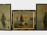 three framed paintings of boats on a body of water with a sky in the background
