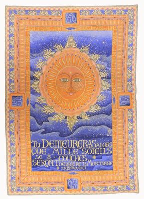 a painting of a sun on a blue and orange background