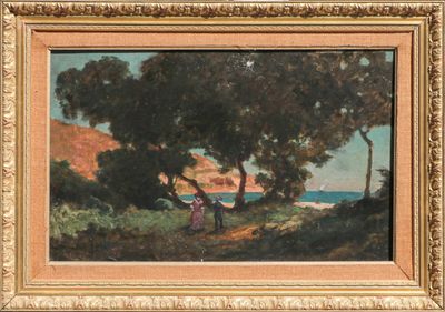 an oil painting of a couple in a landscape with trees and water