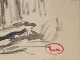 an old drawing of a person laying on a bed with a red marker