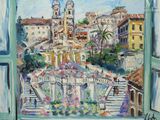 une peinture à l'huile représentant une vue de la ville depuis une fenêtre