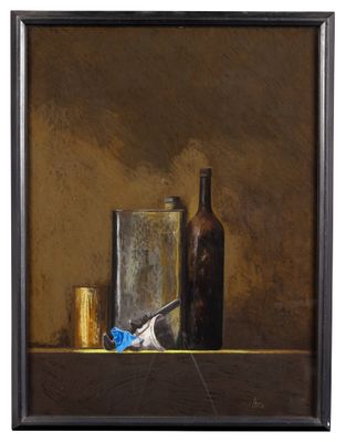 painting of a still life with a bottle, scissors and a glass