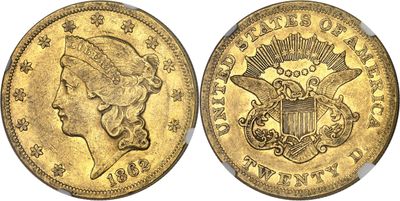 a gold coin with a woman ' s head and eagle on it
