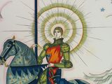 painting of a man riding a horse with a cross on it